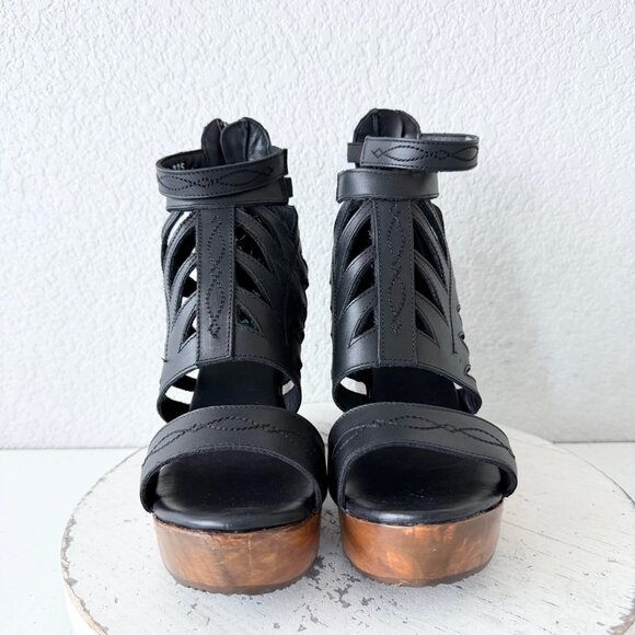 Lane Boots BECCA Womens Black Wedges 8.5 Western Sandals Cowgirl Wooden Heels - Picture 5 of 10